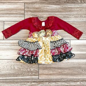 Giggle Moon Long Sleeve Burgundy and Gold Dress, Size 9M